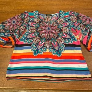 Multi Color Blouse, Elbow Length Sleeves. Size Large
